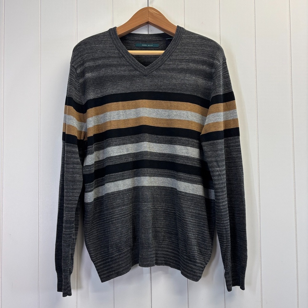 Perry Ellis Preppy Striped V-Neck Sweater Mens Large Dark Academia Earthy Cozy